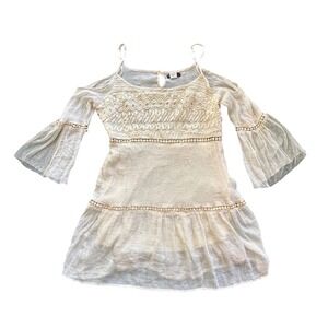 Vivid Importers Boho Crochet Lace Cold Shoulder Bell Sleeve Mini‎ Dress Cream L
